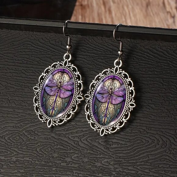#52 Beautiful Boho Dragonfly Dangle Earrings - Vintage Glass Pendant Style - Picture 1 of 2